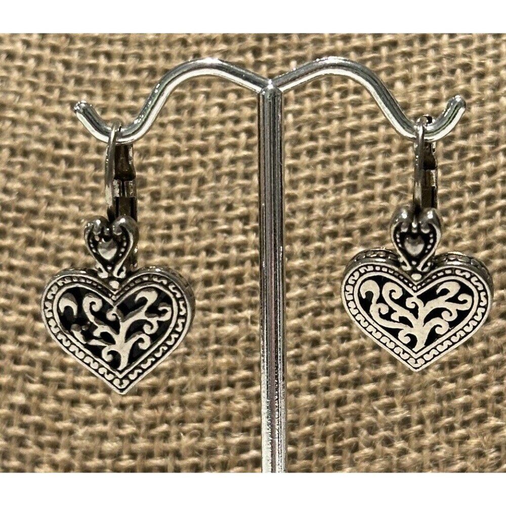 Silver Tone Openwork Scroll Heart Earrings Lever Back Pierced Ears Dangle